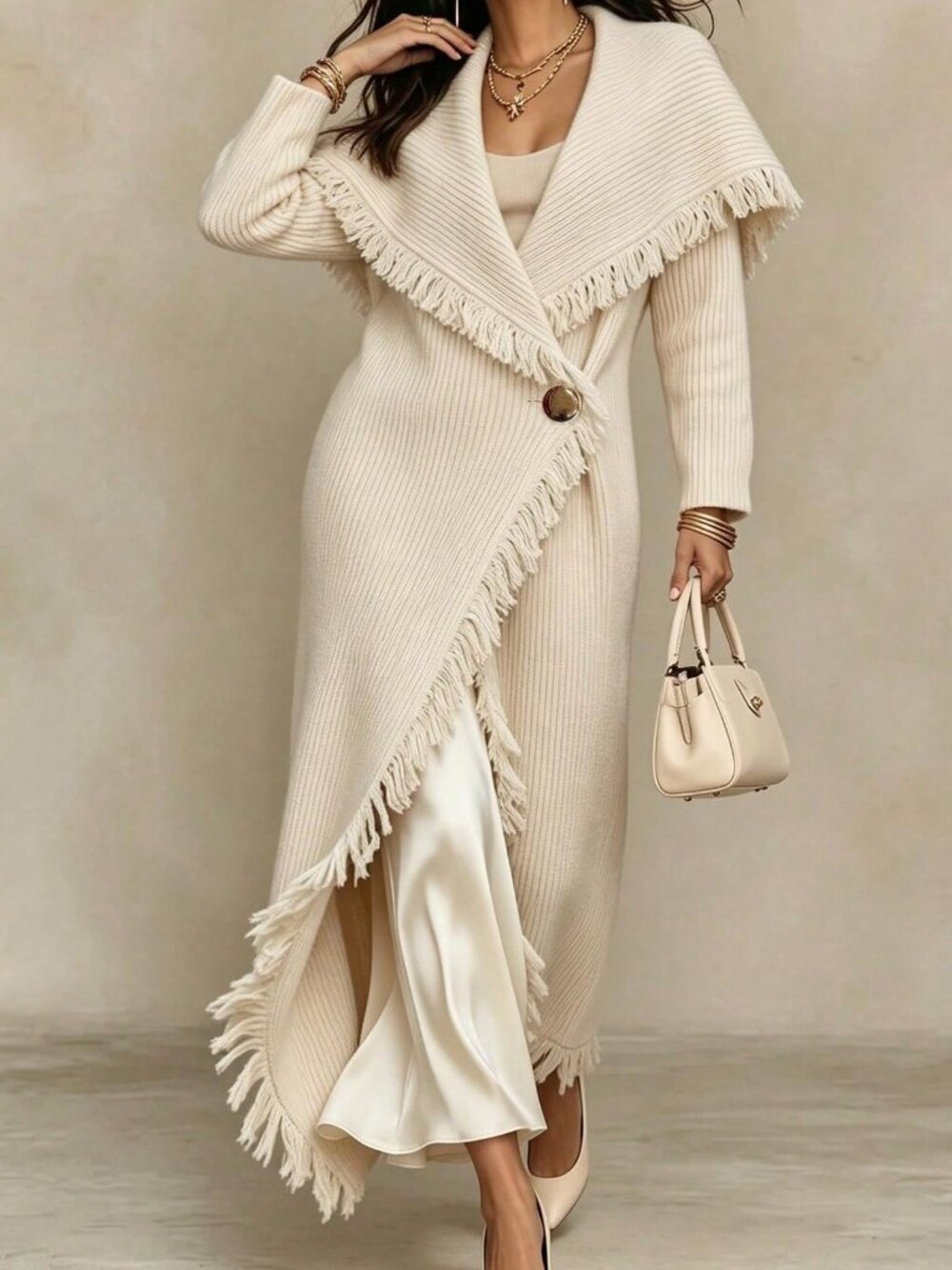 Apricot Elegant Women's Tassel Cardigan